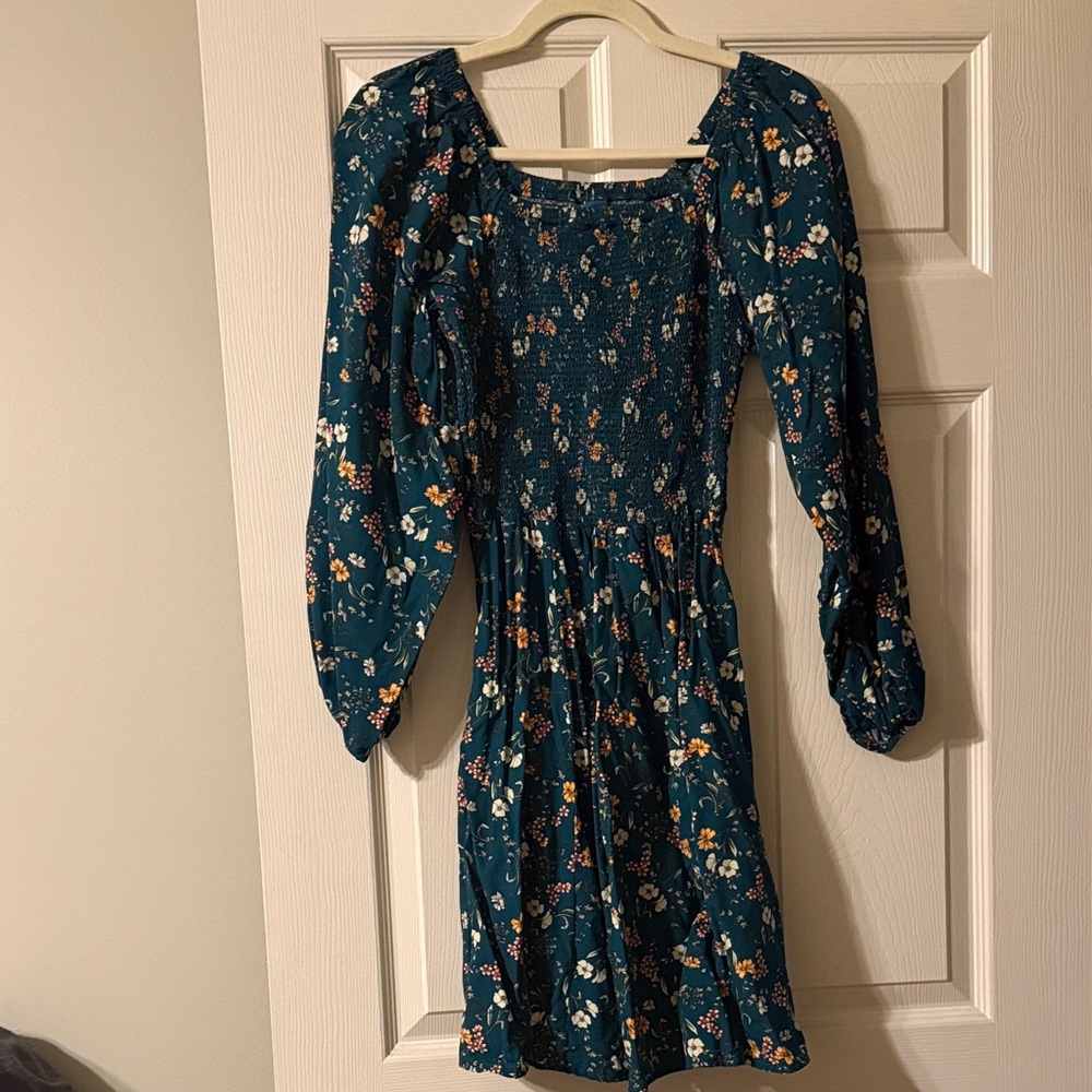Old Navy Teal Floral Long Sleeve Dress